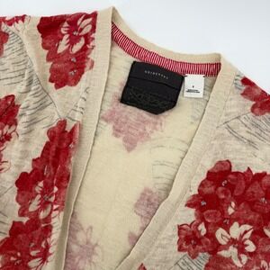 Guinevere Cardigan Women Small Cream Red Floral Open Front Back Bow Sweater